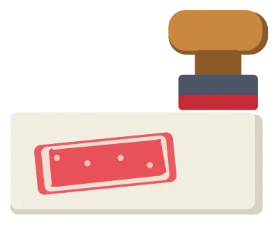 A wooden rubber stamp with a rounded handle beside a red inked impression on paper.