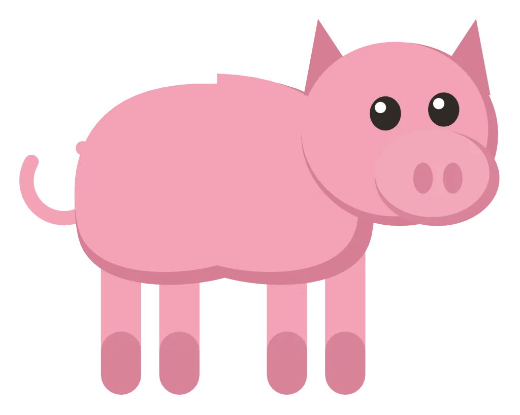 A pink pig standing in side view with a round snout, triangular ears and a curly tail.
