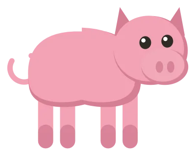 A pink pig standing in side view with a round snout, triangular ears and a curly tail.