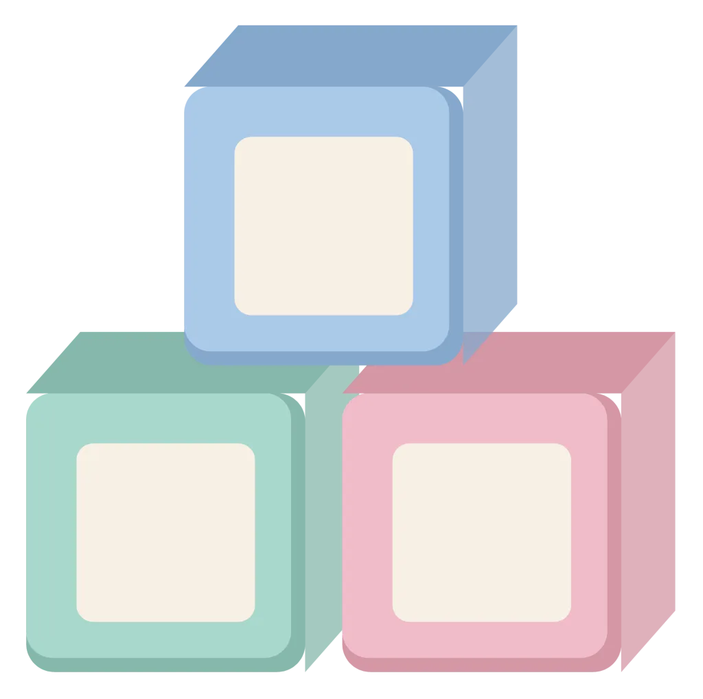 Three stacked wooden baby blocks in pastel colours, each with a letter panel on the face.