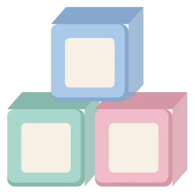 Three stacked wooden baby blocks in pastel colours, each with a letter panel on the face.