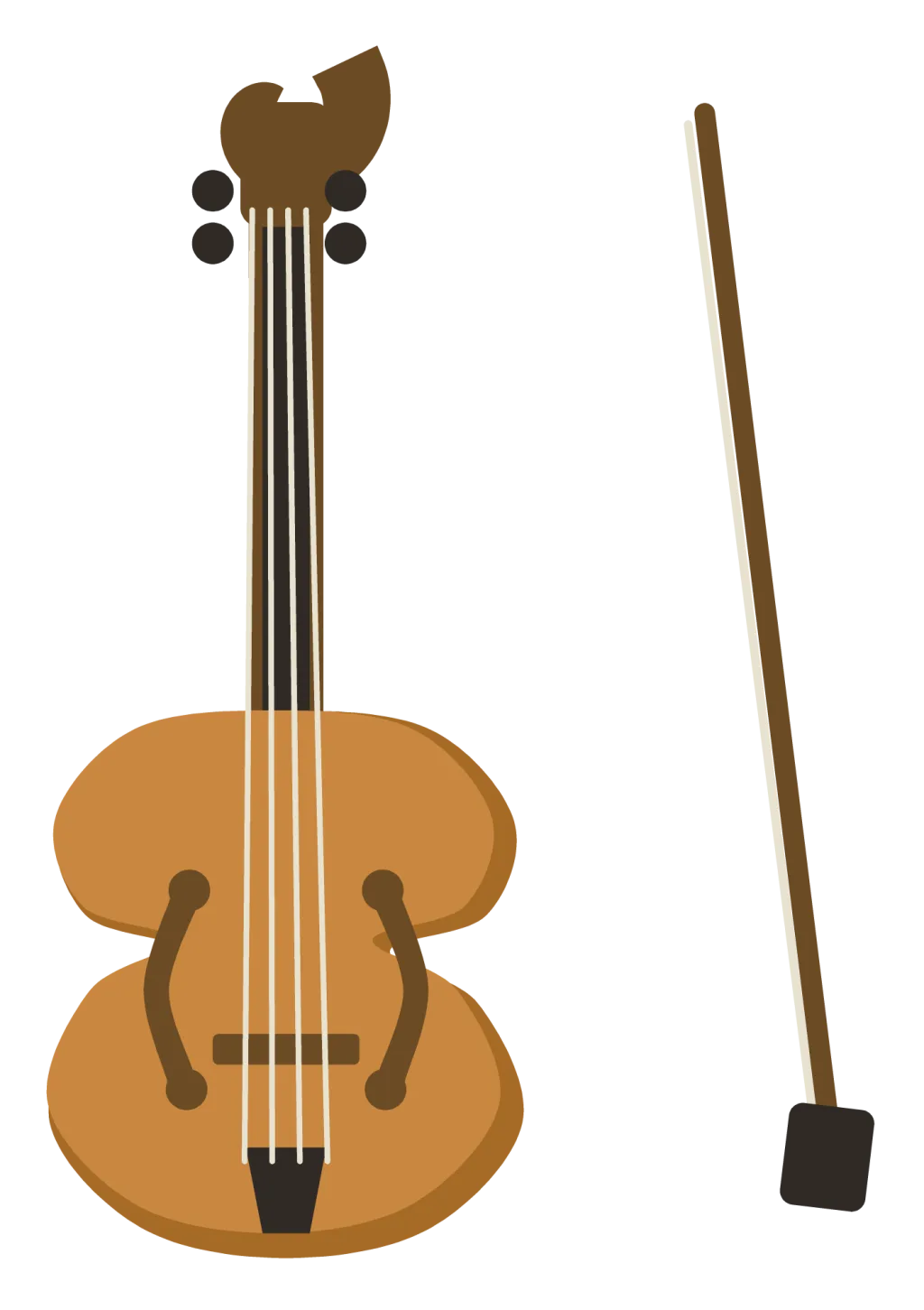 A wooden violin seen from the front with f-holes, a scrolled head, four strings and a bow beside it.