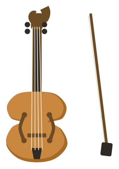 A wooden violin seen from the front with f-holes, a scrolled head, four strings and a bow beside it.