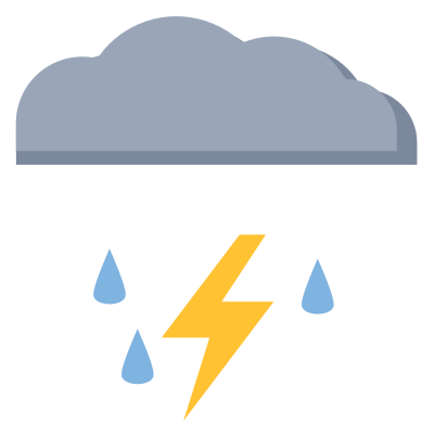 A grey storm cloud with a yellow lightning bolt and three falling raindrops.