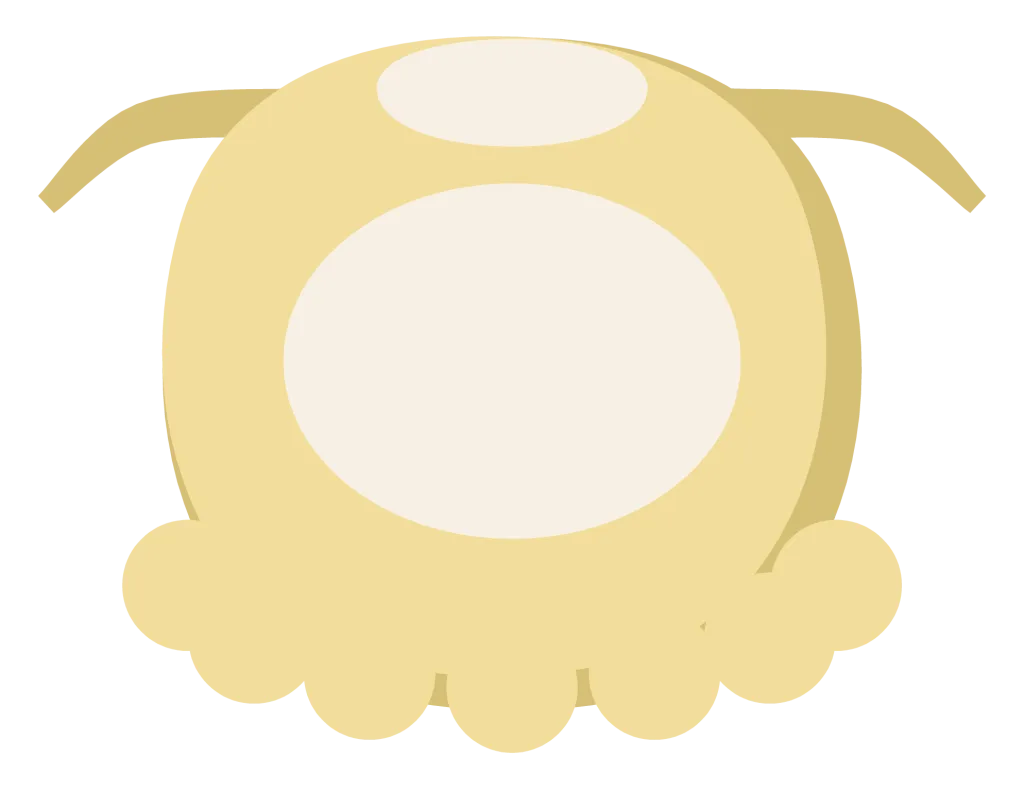 A pale yellow baby bib with a scalloped edge, tie strings and a blank oval panel.