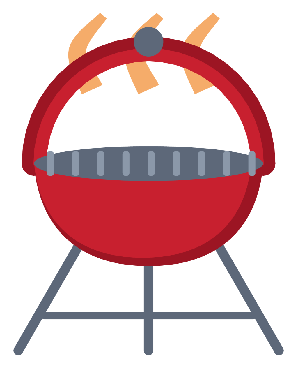 A round charcoal barbecue on three legs with a raised lid, a grill rack and rising heat.
