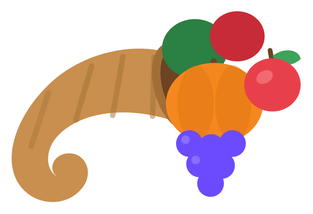 A woven tan cornucopia horn tipped on its side with an apple, pumpkin, grapes and corn spilling from the opening.