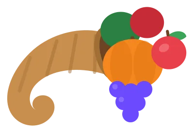A woven tan cornucopia horn tipped on its side with an apple, pumpkin, grapes and corn spilling from the opening.