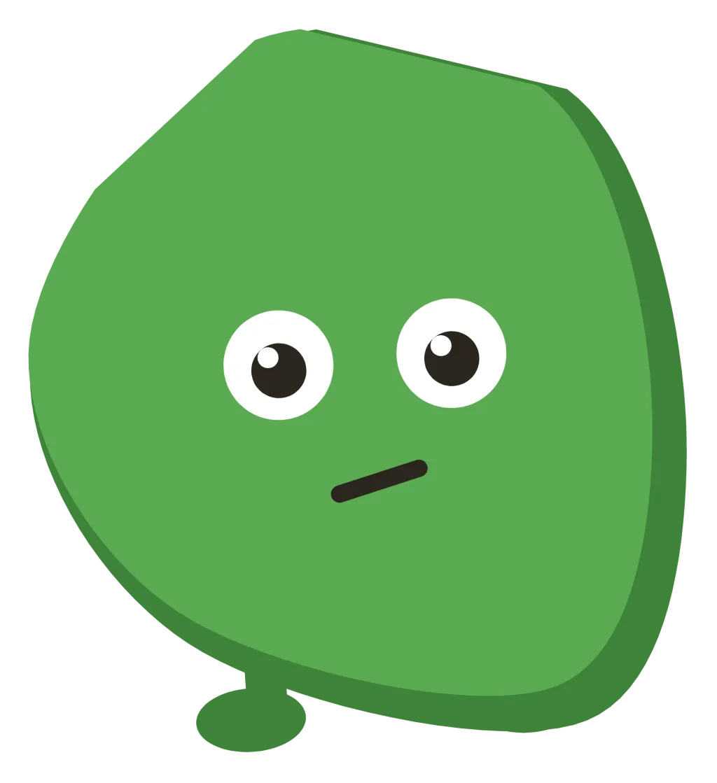 A green Snip with two eyes and a short mouth set at an angle, giving it a doubtful look.