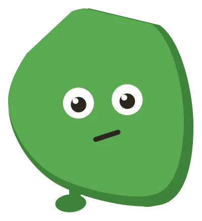 A green Snip with two eyes and a short mouth set at an angle, giving it a doubtful look.