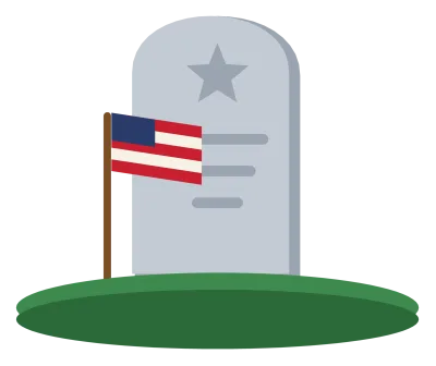 A small American flag planted in the grass beside a rounded headstone.