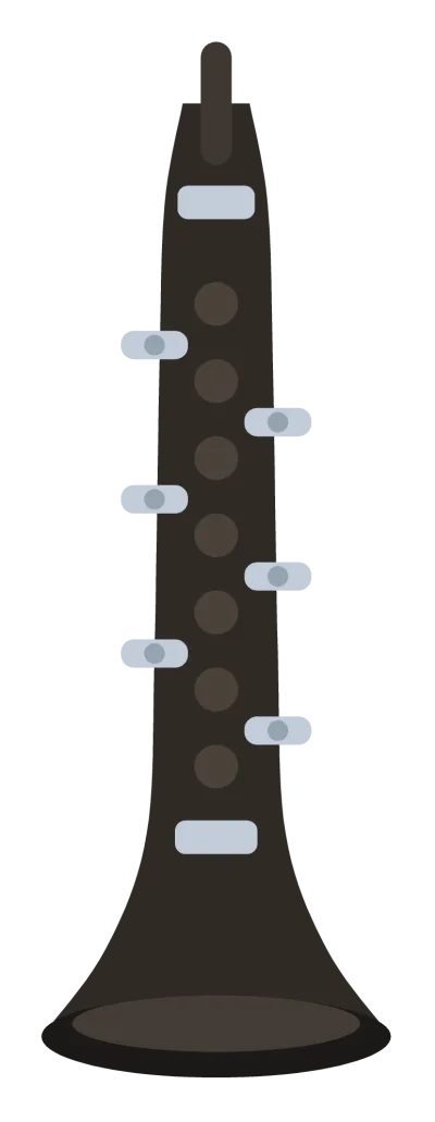 A black clarinet standing upright with silver keys and a flared bell at the base.