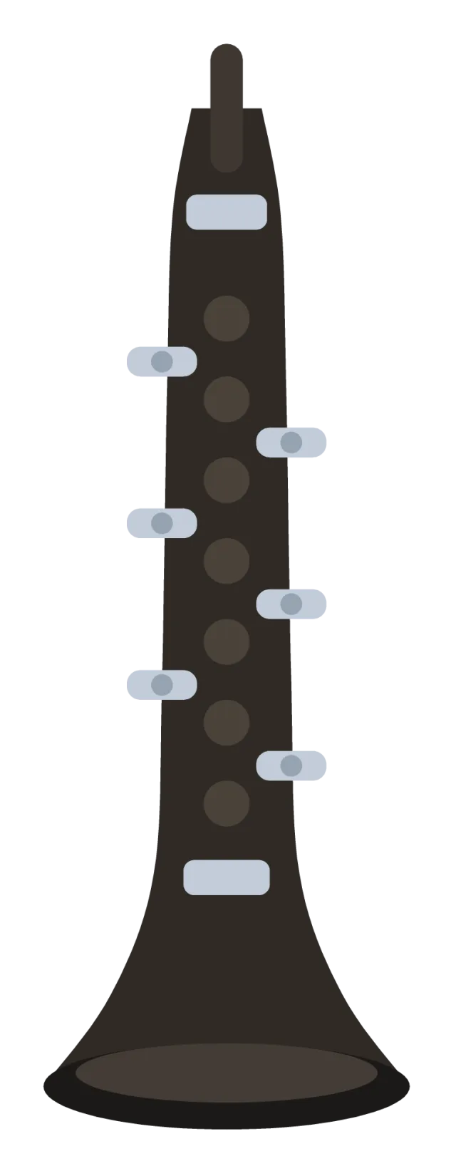 A black clarinet standing upright with silver keys and a flared bell at the base.