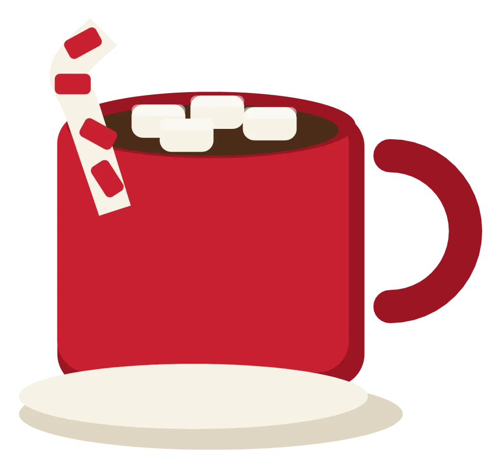 A red mug of hot cocoa with marshmallows floating on top and a candy cane hooked over the rim.
