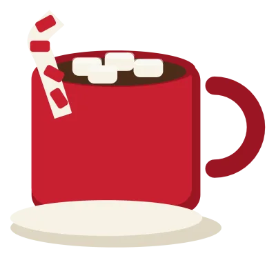A red mug of hot cocoa with marshmallows floating on top and a candy cane hooked over the rim.