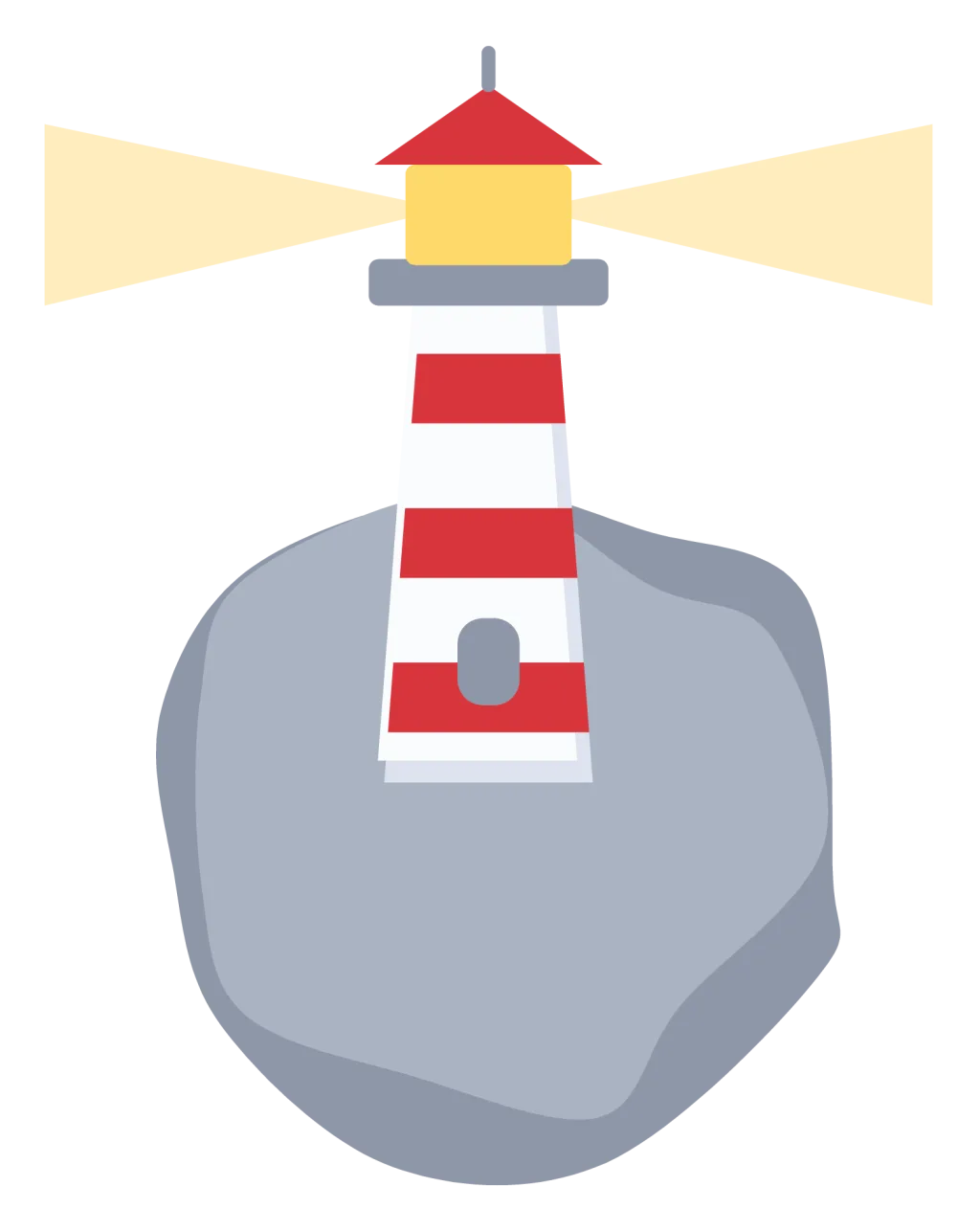 A red and white striped lighthouse on a rock, with a lit lantern room and two beams.