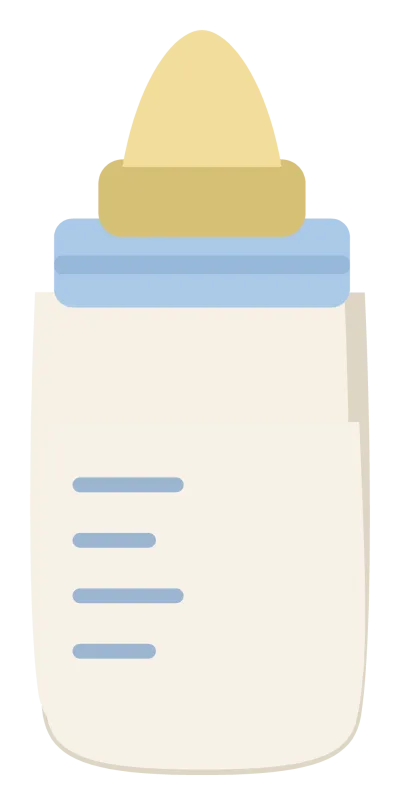 A baby bottle with measuring marks, milk inside and a pale yellow teat and collar.