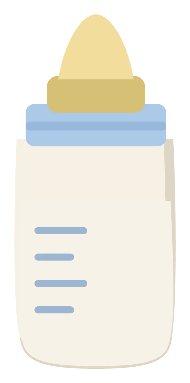 A baby bottle with measuring marks, milk inside and a pale yellow teat and collar.