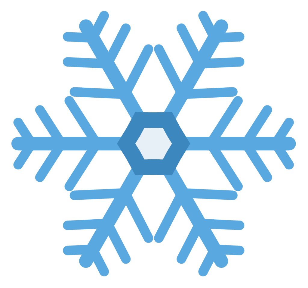 A six-armed blue snowflake with branching arms and a small hexagonal centre.