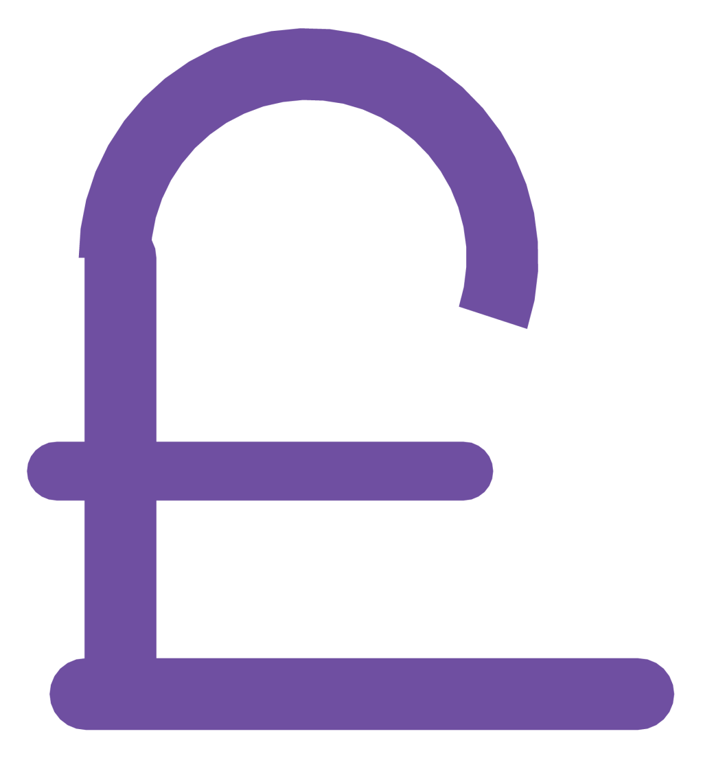 A bold purple pound sterling sign with a curled top, an upright stem and a crossbar.