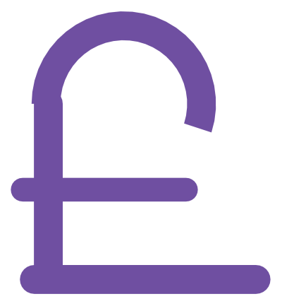 A bold purple pound sterling sign with a curled top, an upright stem and a crossbar.