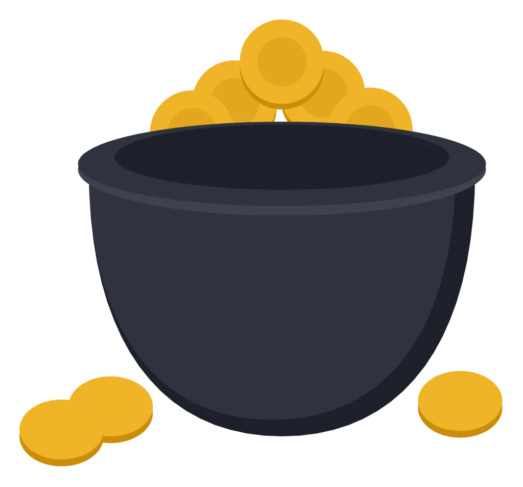A black cauldron overflowing with gold coins, with a few coins spilling beside it.