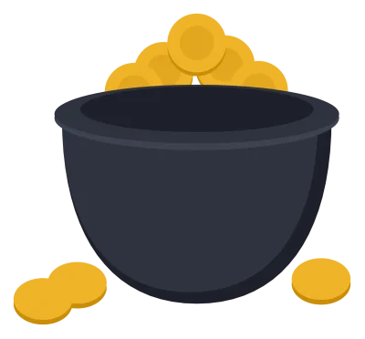 A black cauldron overflowing with gold coins, with a few coins spilling beside it.