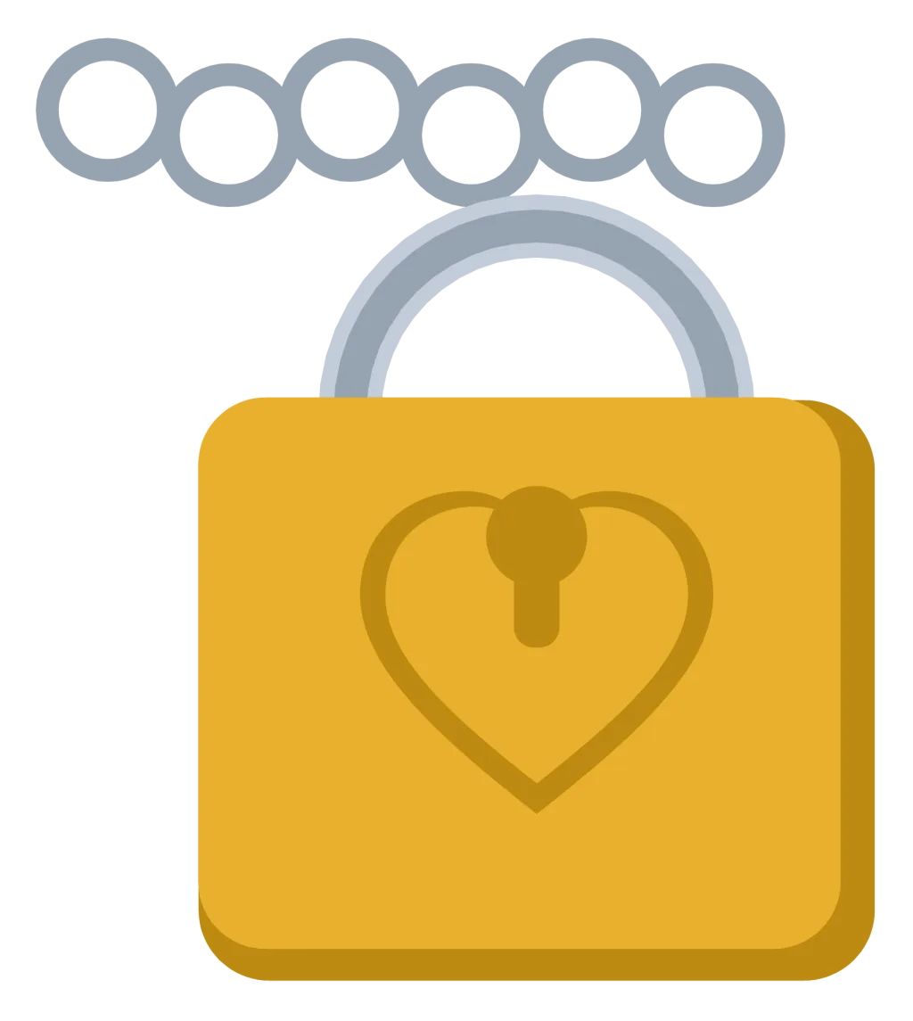 A gold padlock engraved with a heart, hanging on a length of chain.