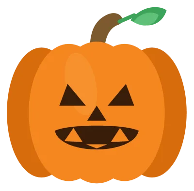 A carved orange jack-o-lantern with triangular eyes, a small triangular nose and a wide toothy grin.