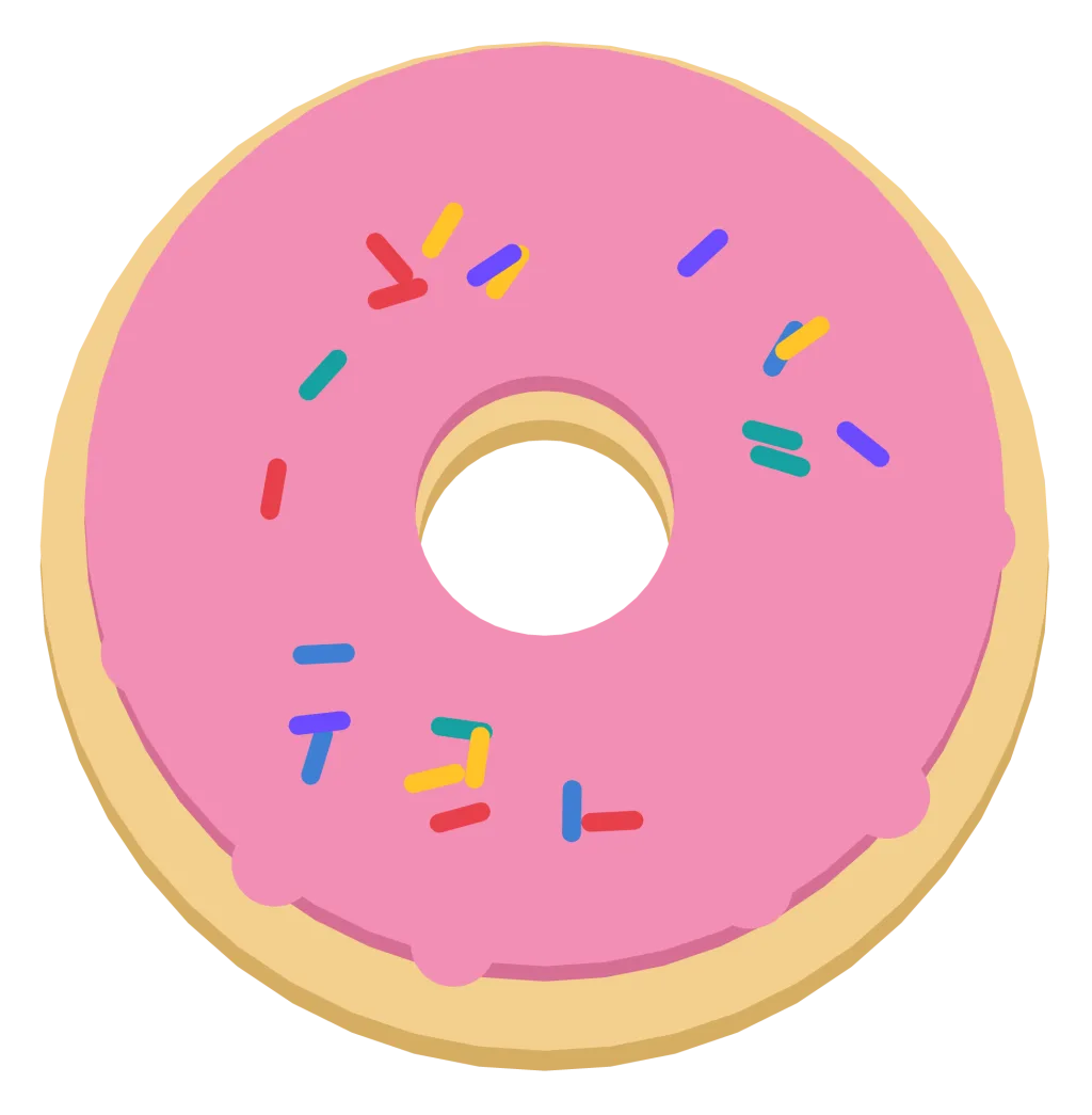 A ring donut with pink icing, a drip edge and coloured sprinkles.