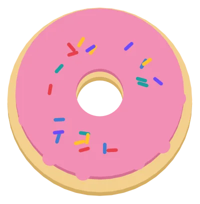 A ring donut with pink icing, a drip edge and coloured sprinkles.