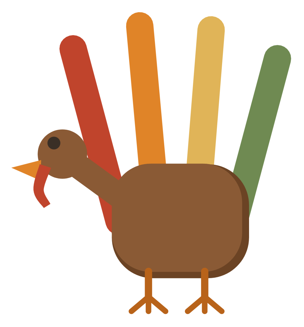 A child’s handprint turkey, the thumb drawn as the head and the fingers as coloured tail feathers.