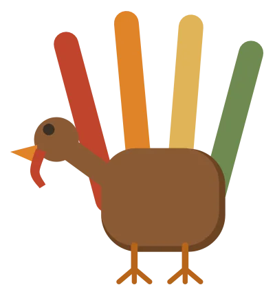 A child’s handprint turkey, the thumb drawn as the head and the fingers as coloured tail feathers.