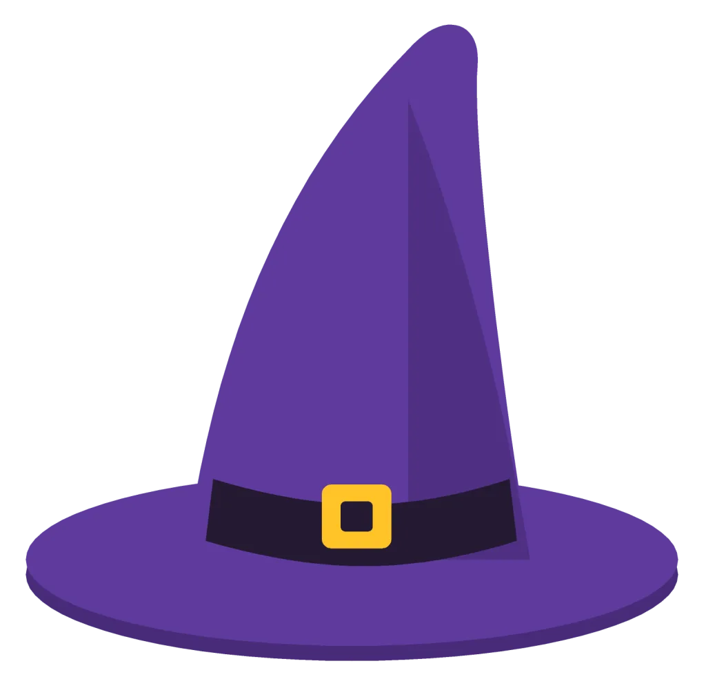 A pointed purple witch hat with a bent tip, a wide brim and a black band with a gold buckle.