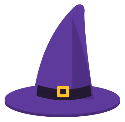 A pointed purple witch hat with a bent tip, a wide brim and a black band with a gold buckle.