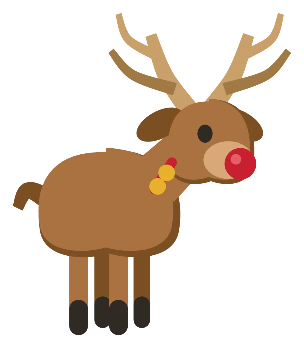 A brown reindeer standing in side view with branched antlers, a red nose and a bell collar.