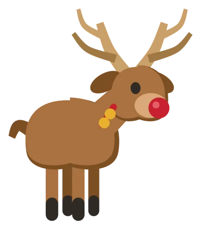 A brown reindeer standing in side view with branched antlers, a red nose and a bell collar.