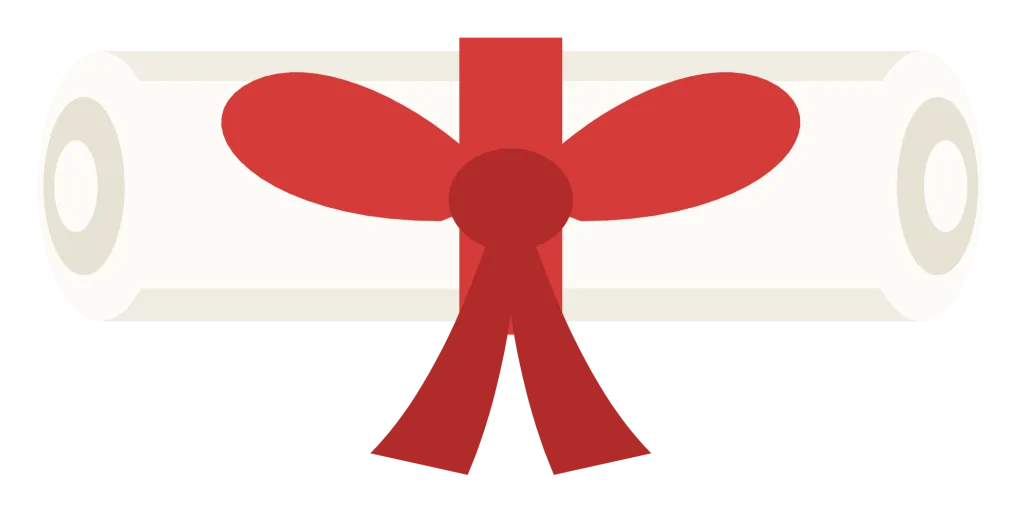 A rolled cream diploma tied with a red ribbon, shown lying horizontally.
