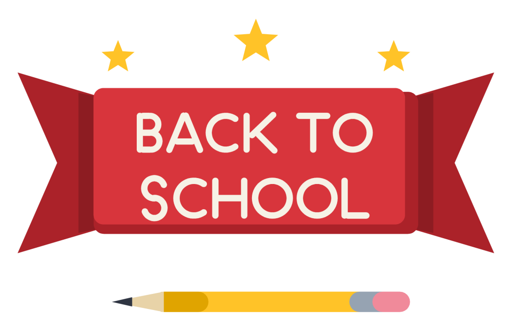 A red ribbon banner with swallowtail ends reading Back to School, with a pencil and stars beside it.