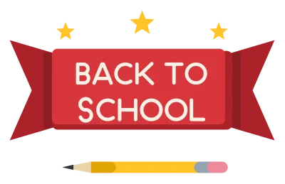 A red ribbon banner with swallowtail ends reading Back to School, with a pencil and stars beside it.
