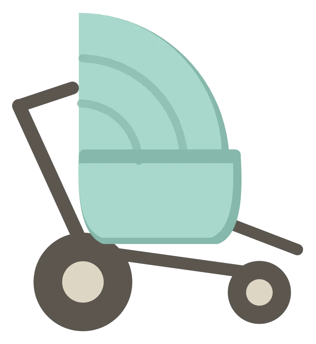 A mint baby stroller in side view, with a folding hood, a large rear wheel and a small front one.