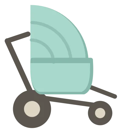A mint baby stroller in side view, with a folding hood, a large rear wheel and a small front one.