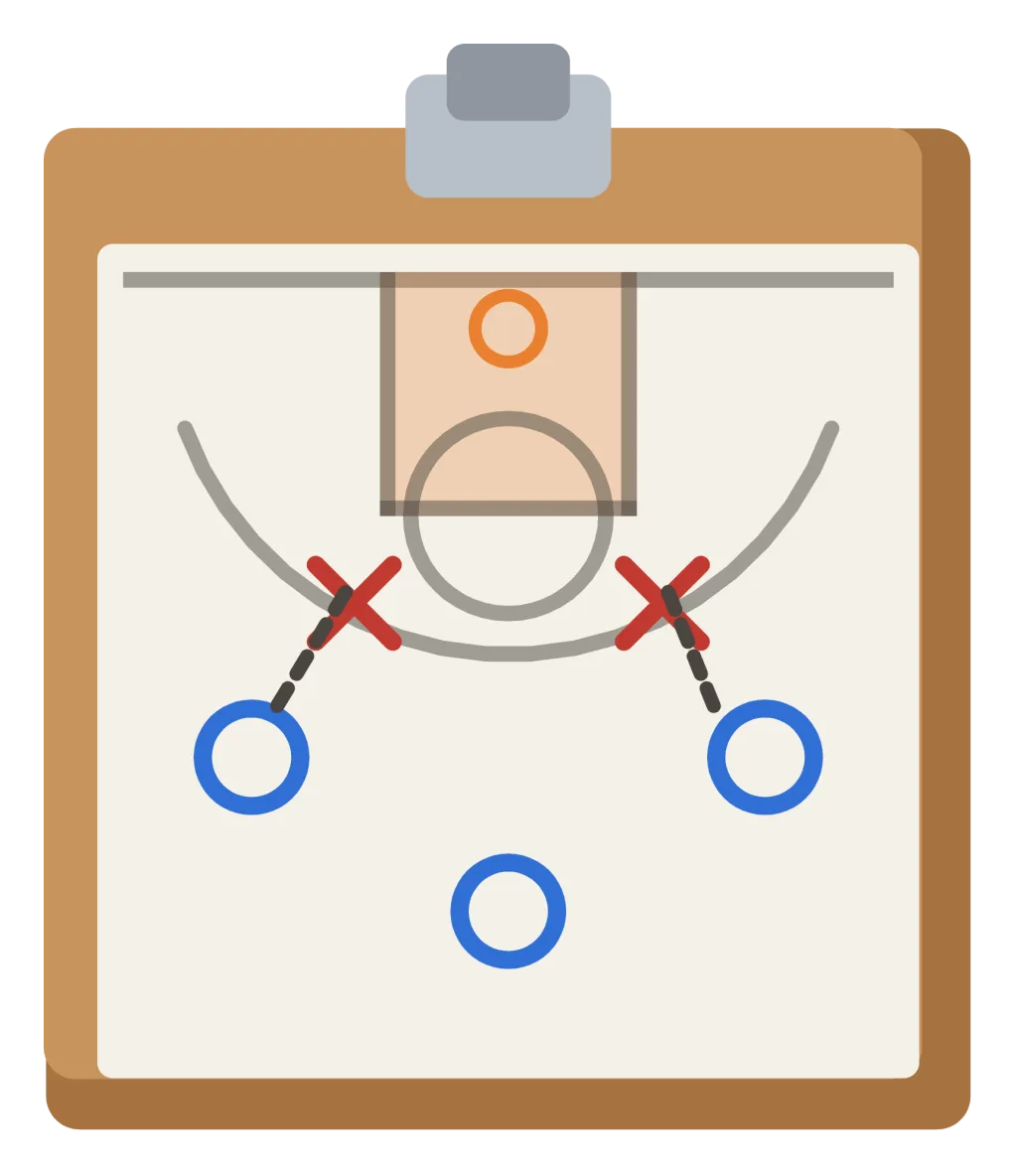 A coach’s clipboard with a half-court play drawn on it in Xs, Os and arrows.