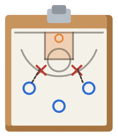 A coach’s clipboard with a half-court play drawn on it in Xs, Os and arrows.
