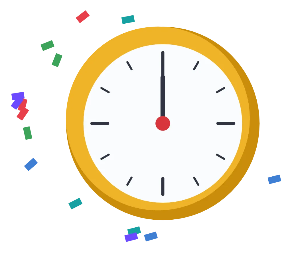 A gold clock showing midnight, surrounded by scattered confetti.