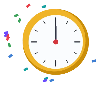 A gold clock showing midnight, surrounded by scattered confetti.