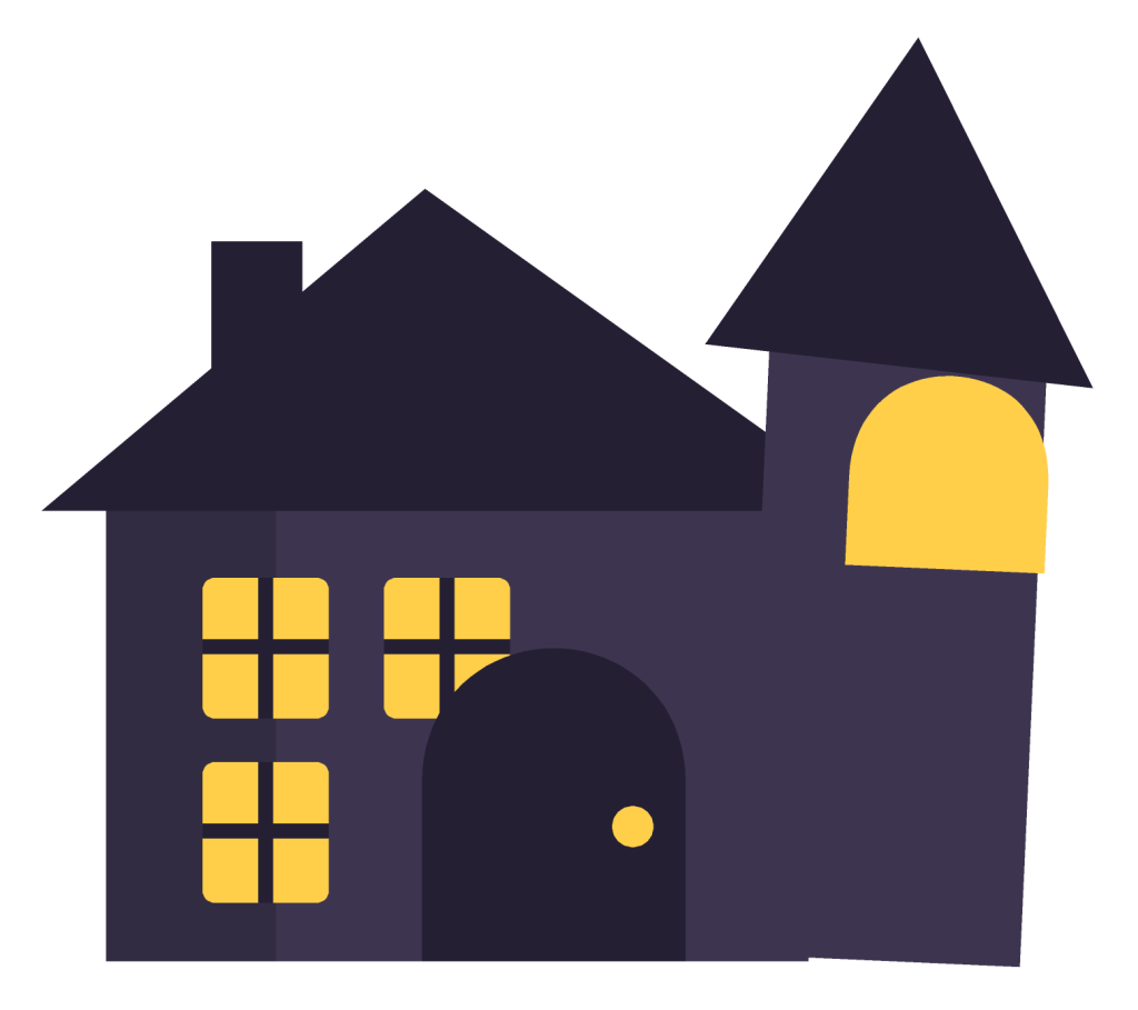 A crooked dark haunted house with a leaning tower, glowing yellow windows, an arched door and a chimney.