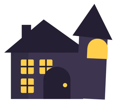A crooked dark haunted house with a leaning tower, glowing yellow windows, an arched door and a chimney.