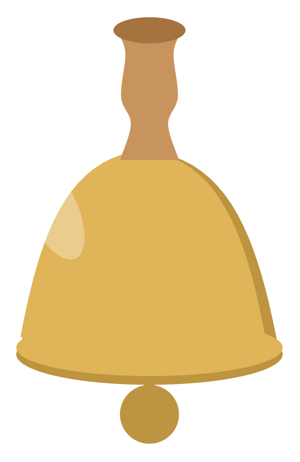 A brass hand bell with a turned wooden handle and the clapper showing beneath the rim.