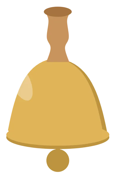 A brass hand bell with a turned wooden handle and the clapper showing beneath the rim.